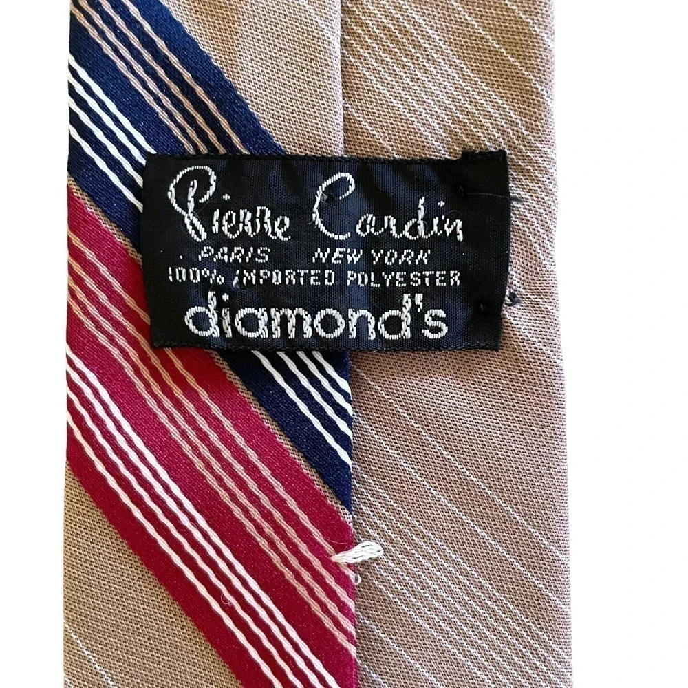 Vintage Pierre Cardin Embroidered Logo Striped Tan Polyester Tie